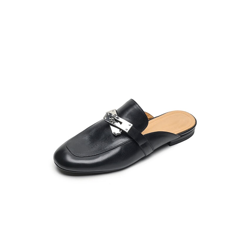 Retro Style Genuine Leather Soft Mule Flat Backless Loafers with Metal Buckle in Black/Brown/Apricot