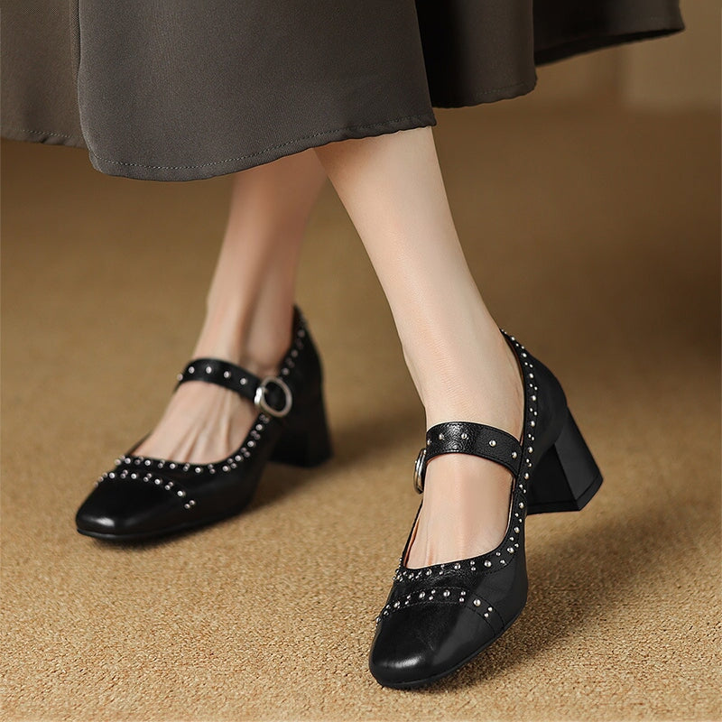 Retro Style Sheepskin Handmade Strappy Mary Jane Shoes Rivet-embellished Block Heel in Black/White/Brown
