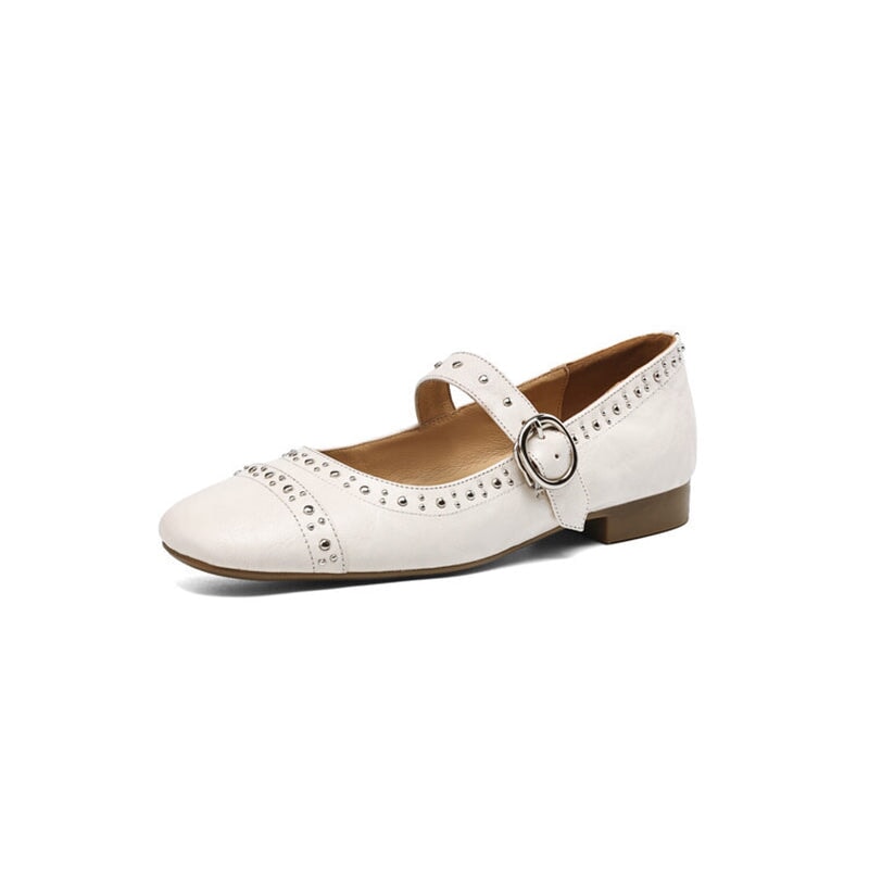 Retro Style Sheepskin Handmade Strappy Mary Jane Shoes Rivet-embellished Block Heel in Black/White/Brown