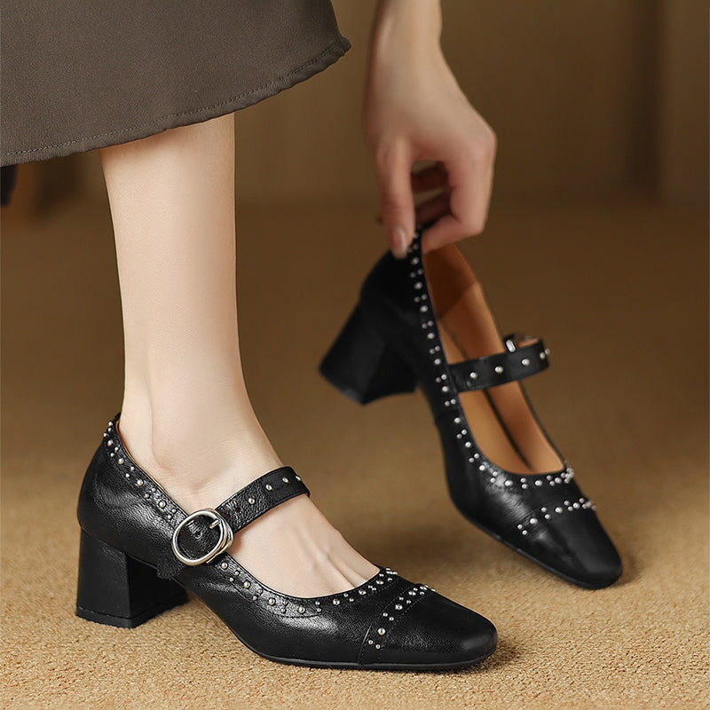 Retro Style Sheepskin Handmade Strappy Mary Jane Shoes Rivet-embellished Block Heel in Black/White/Brown