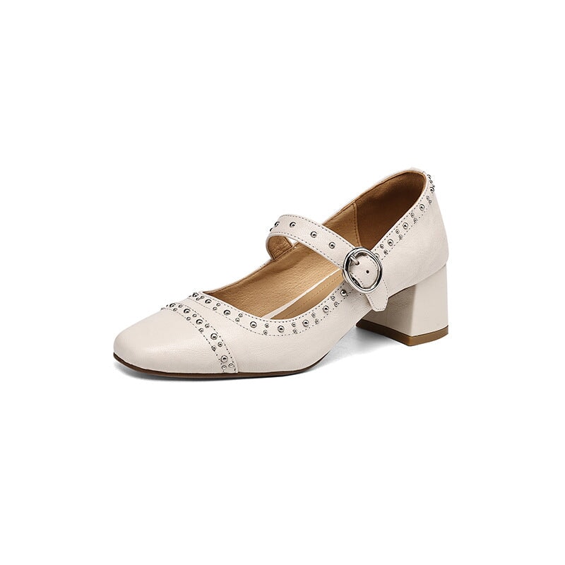 Retro Style Sheepskin Handmade Strappy Mary Jane Shoes Rivet-embellished Block Heel in Black/White/Brown