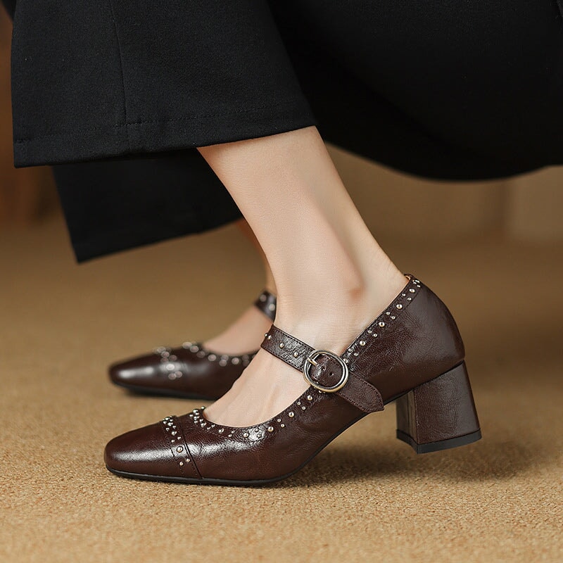 Retro Style Sheepskin Handmade Strappy Mary Jane Shoes Rivet-embellished Block Heel in Black/White/Brown