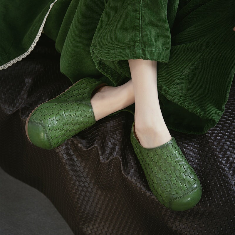 Retro Woven Leather Platform Mules Slip-On Full Grain Leather Slippers in Red/Green/Dark Brown
