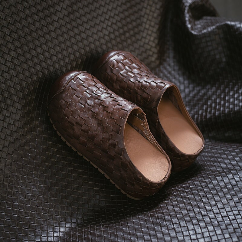 Retro Woven Leather Platform Mules Slip-On Full Grain Leather Slippers in Red/Green/Dark Brown