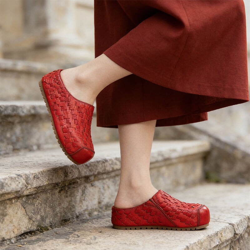 Retro Woven Leather Platform Mules Slip-On Full Grain Leather Slippers in Red/Green/Dark Brown