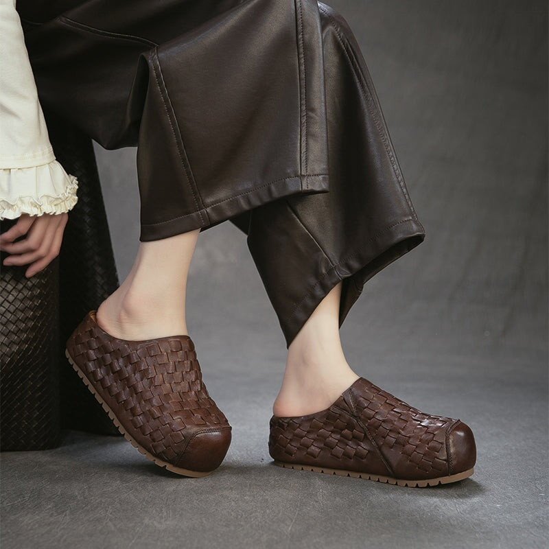 Retro Woven Leather Platform Mules Slip-On Full Grain Leather Slippers in Red/Green/Dark Brown