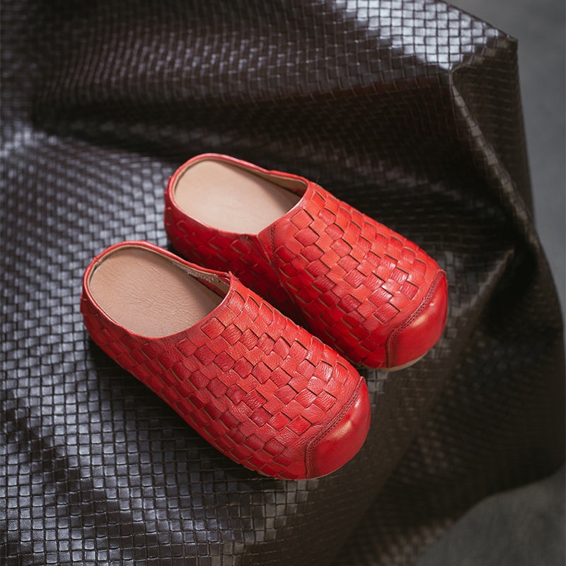 Retro Woven Leather Platform Mules Slip-On Full Grain Leather Slippers in Red/Green/Dark Brown