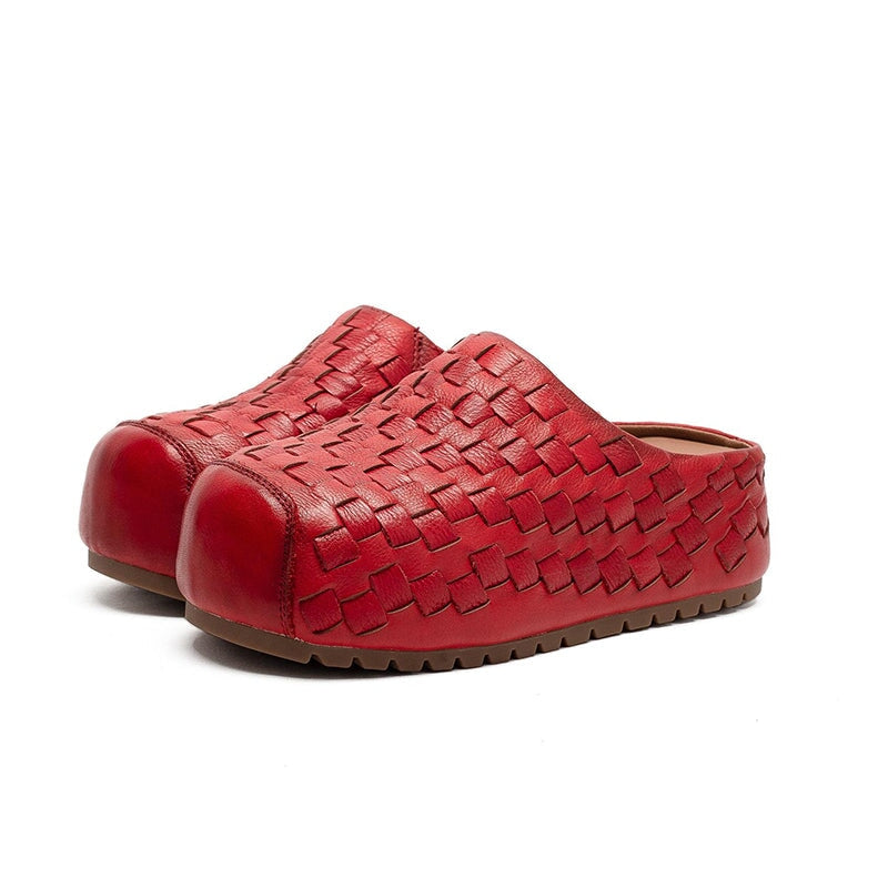 Retro Woven Leather Platform Mules Slip-On Full Grain Leather Slippers in Red/Green/Dark Brown