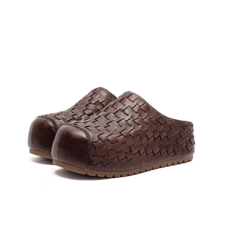 Retro Woven Leather Platform Mules Slip-On Full Grain Leather Slippers in Red/Green/Dark Brown