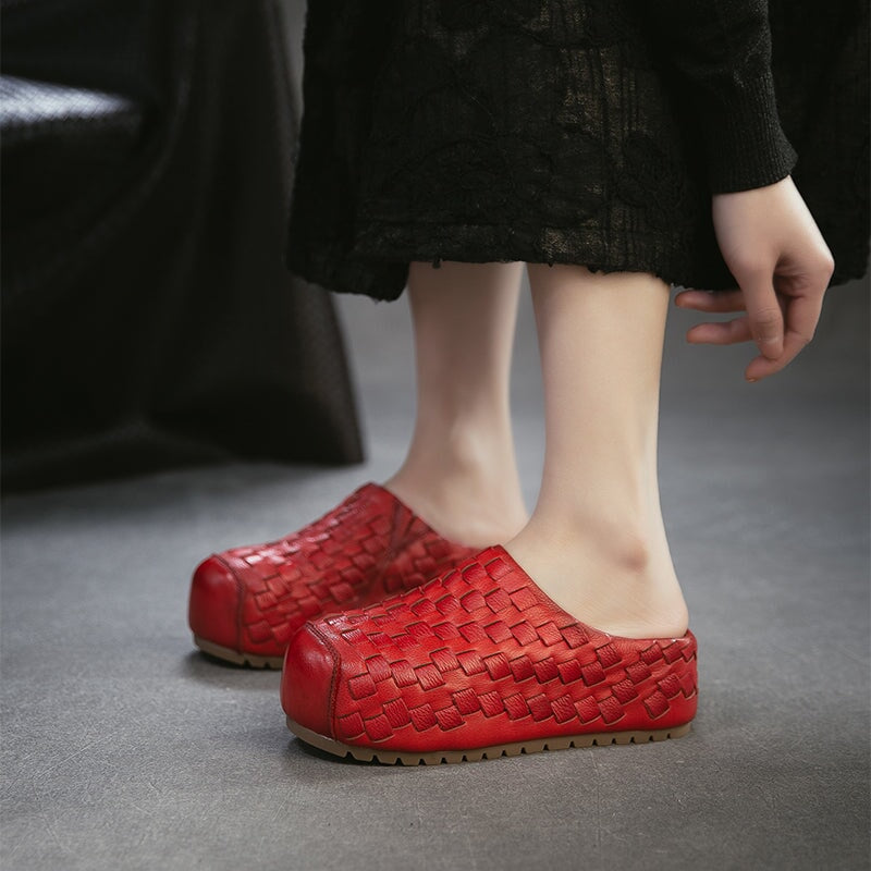 Retro Woven Leather Platform Mules Slip-On Full Grain Leather Slippers in Red/Green/Dark Brown