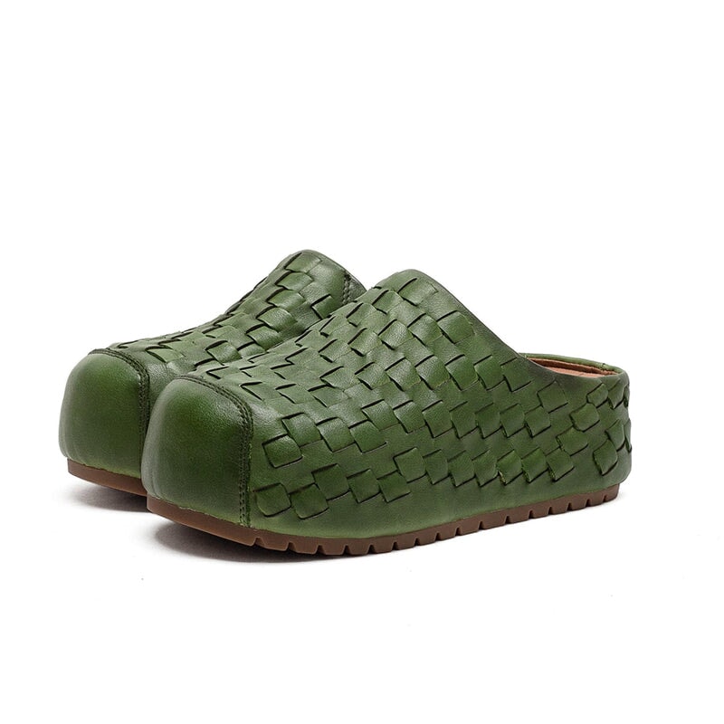 Retro Woven Leather Platform Mules Slip-On Full Grain Leather Slippers in Red/Green/Dark Brown
