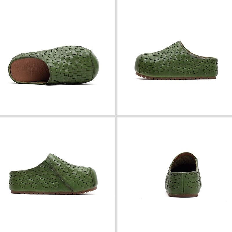 Retro Woven Leather Platform Mules Slip-On Full Grain Leather Slippers in Red/Green/Dark Brown