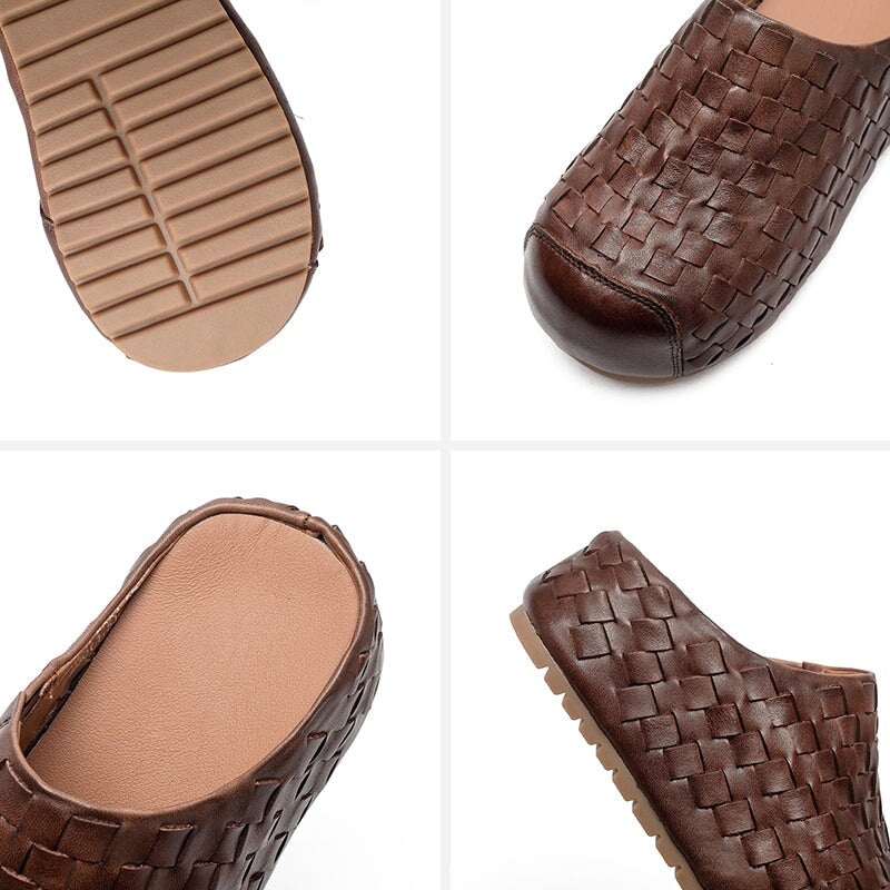 Retro Woven Leather Platform Mules Slip-On Full Grain Leather Slippers in Red/Green/Dark Brown