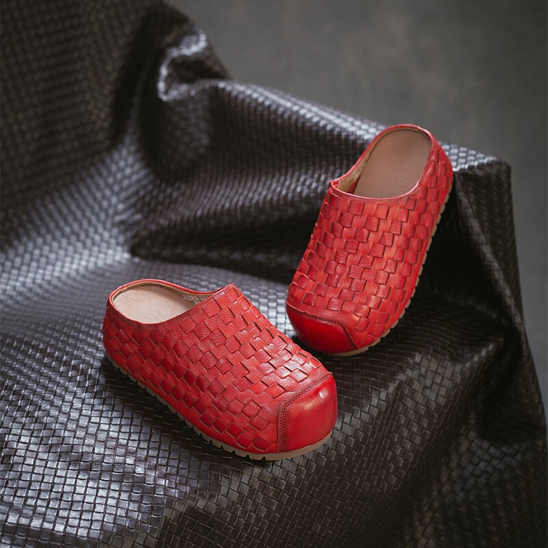 Retro Woven Leather Platform Mules Slip-On Full Grain Leather Slippers in Red/Green/Dark Brown