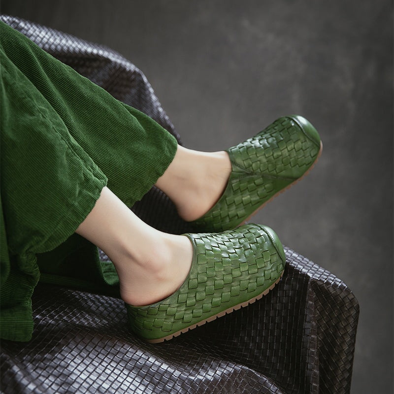 Retro Woven Leather Platform Mules Slip-On Full Grain Leather Slippers in Red/Green/Dark Brown