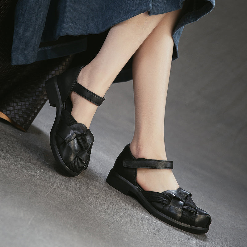 Retro Woven Mary Jane Sandals Closed-Toe Velcro Leather Casual Shoes for Women in Black/Brown