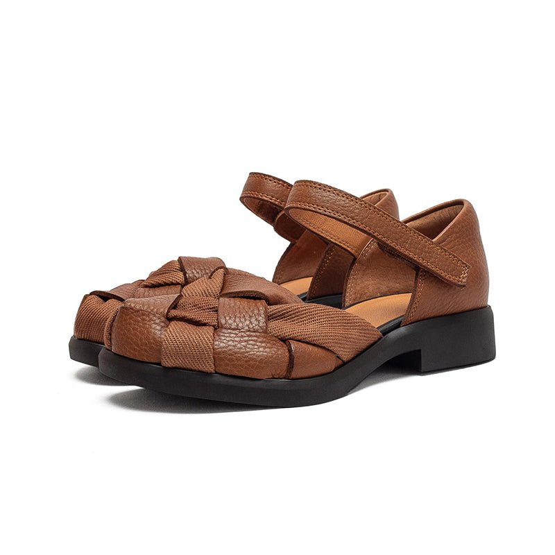 Retro Woven Mary Jane Sandals Closed-Toe Velcro Leather Casual Shoes for Women in Black/Brown