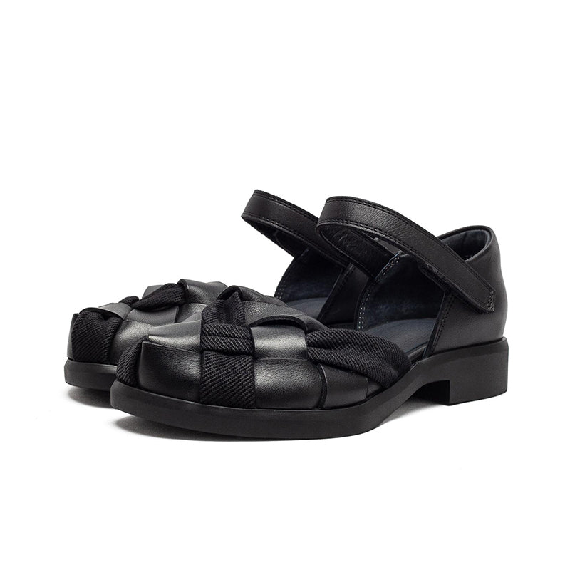 Retro Woven Mary Jane Sandals Closed-Toe Velcro Leather Casual Shoes for Women in Black/Brown