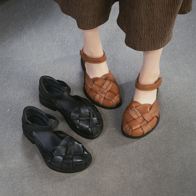 Retro Woven Mary Jane Sandals Closed-Toe Velcro Leather Casual Shoes for Women in Black/Brown