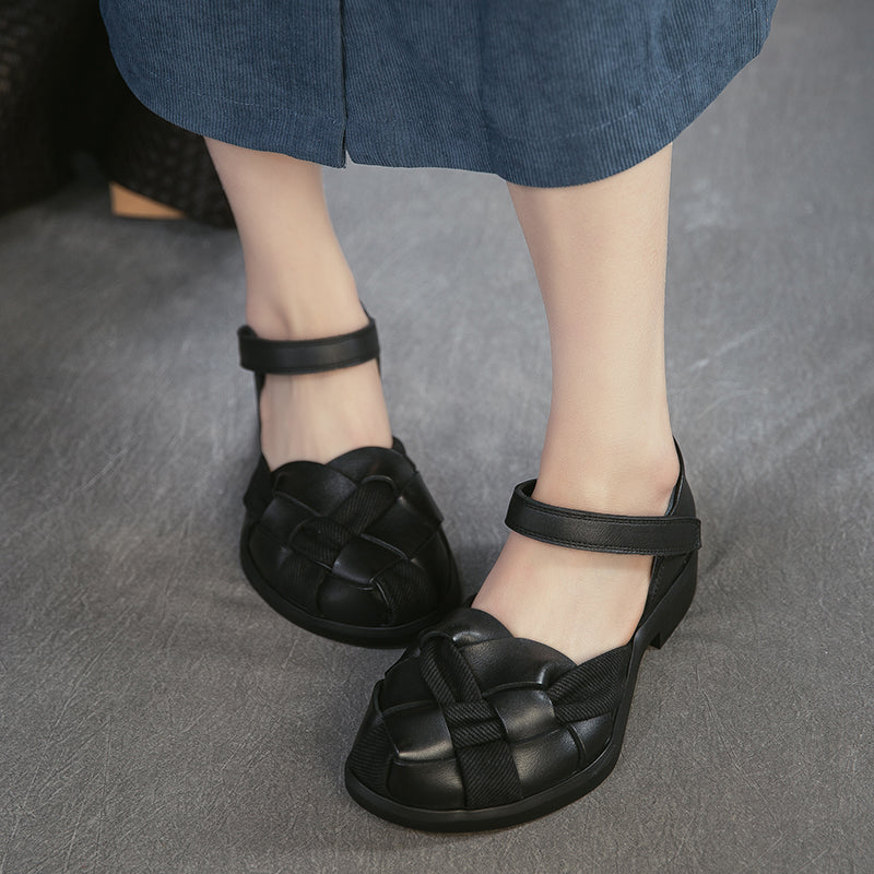 Retro Woven Mary Jane Sandals Closed-Toe Velcro Leather Casual Shoes for Women in Black/Brown