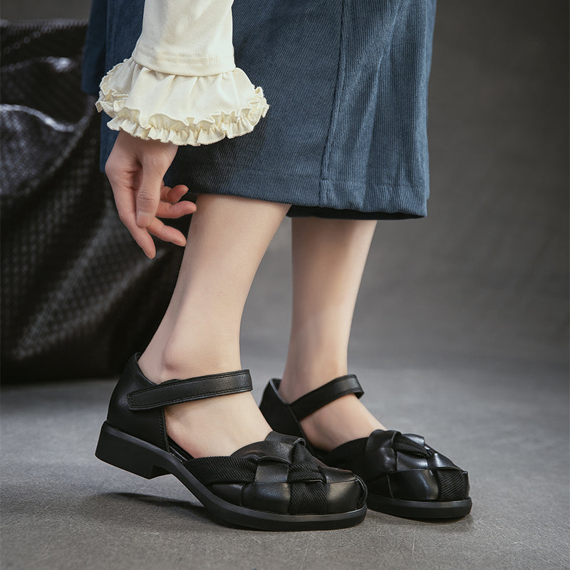 Retro Woven Mary Jane Sandals Closed-Toe Velcro Leather Casual Shoes for Women in Black/Brown