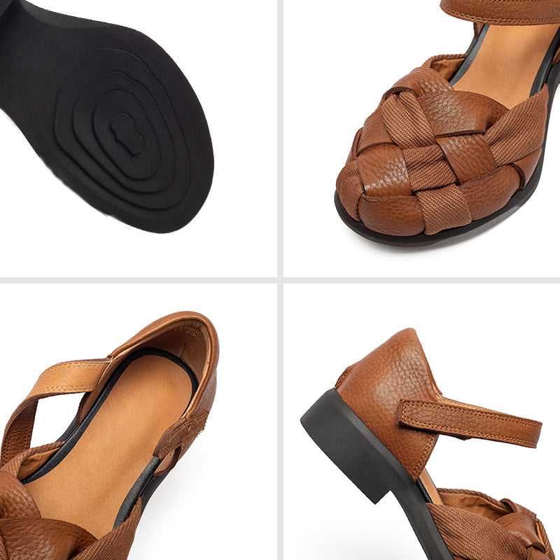 Retro Woven Mary Jane Sandals Closed-Toe Velcro Leather Casual Shoes for Women in Black/Brown
