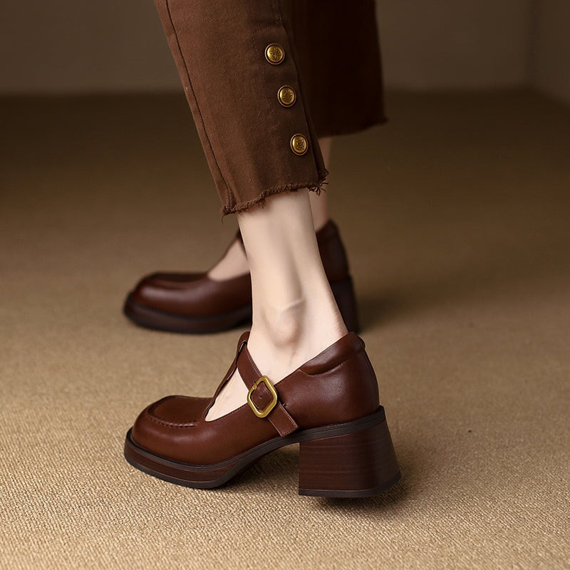 Round Toe T Strap Mary Jane Shoes 60mm Block Heel in Black/Brown