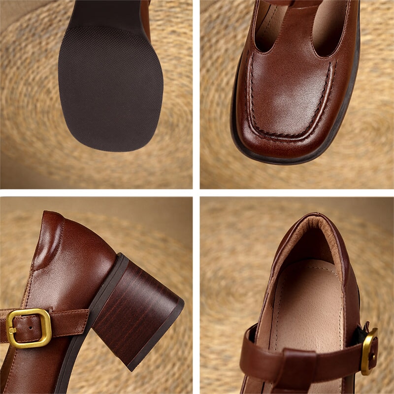 Round Toe T Strap Mary Jane Shoes 60mm Block Heel in Black/Brown