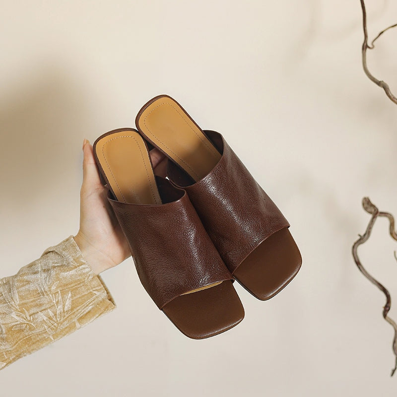Sheepskin Leather Block Heel Mules 60mm French Style Open-Toe Slippers in Apricot/Brown