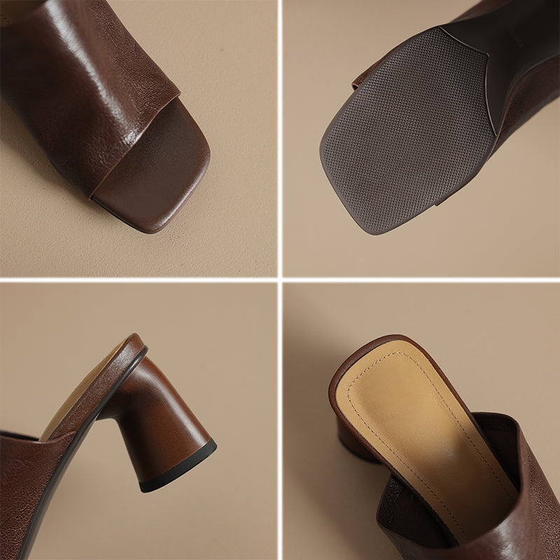 Sheepskin Leather Block Heel Mules 60mm French Style Open-Toe Slippers in Apricot/Brown