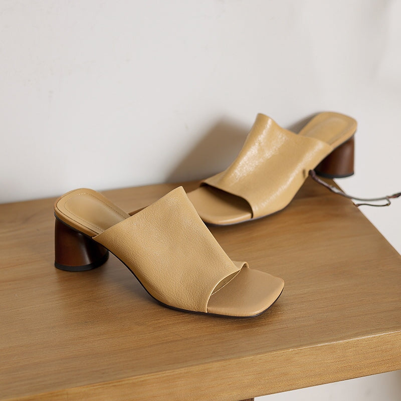 Sheepskin Leather Block Heel Mules 60mm French Style Open-Toe Slippers in Apricot/Brown