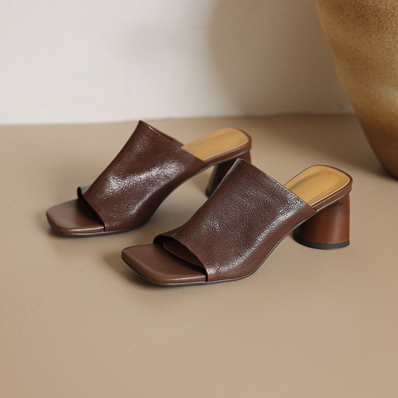 Sheepskin Leather Block Heel Mules 60mm French Style Open-Toe Slippers in Apricot/Brown