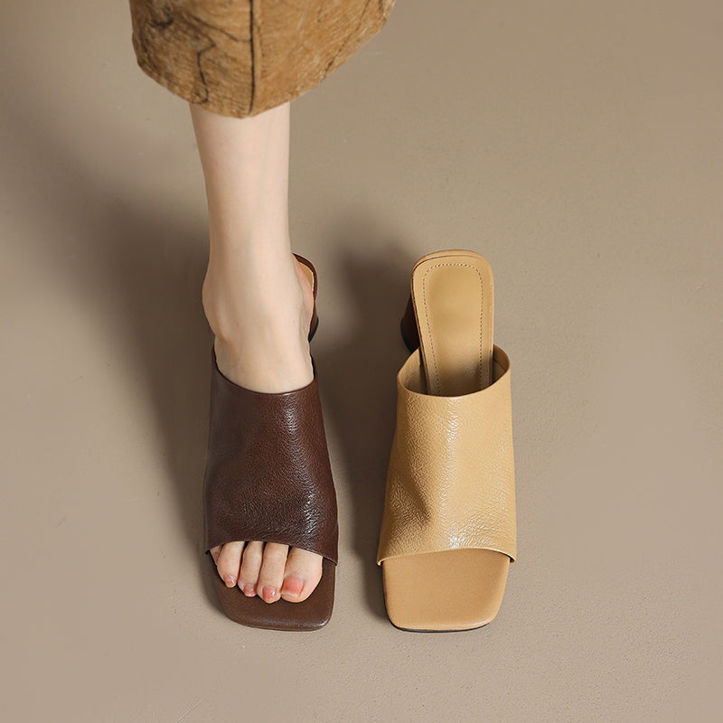 Sheepskin Leather Block Heel Mules 60mm French Style Open-Toe Slippers in Apricot/Brown