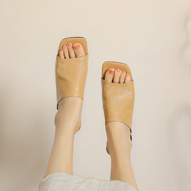 Sheepskin Leather Block Heel Mules 60mm French Style Open-Toe Slippers in Apricot/Brown