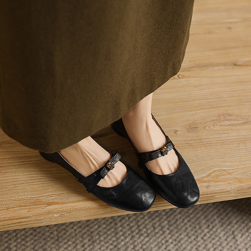 Sheepskin Leather Camellia Mary Jane Flats for Women with Bow Detail in Beige/Brown/Black