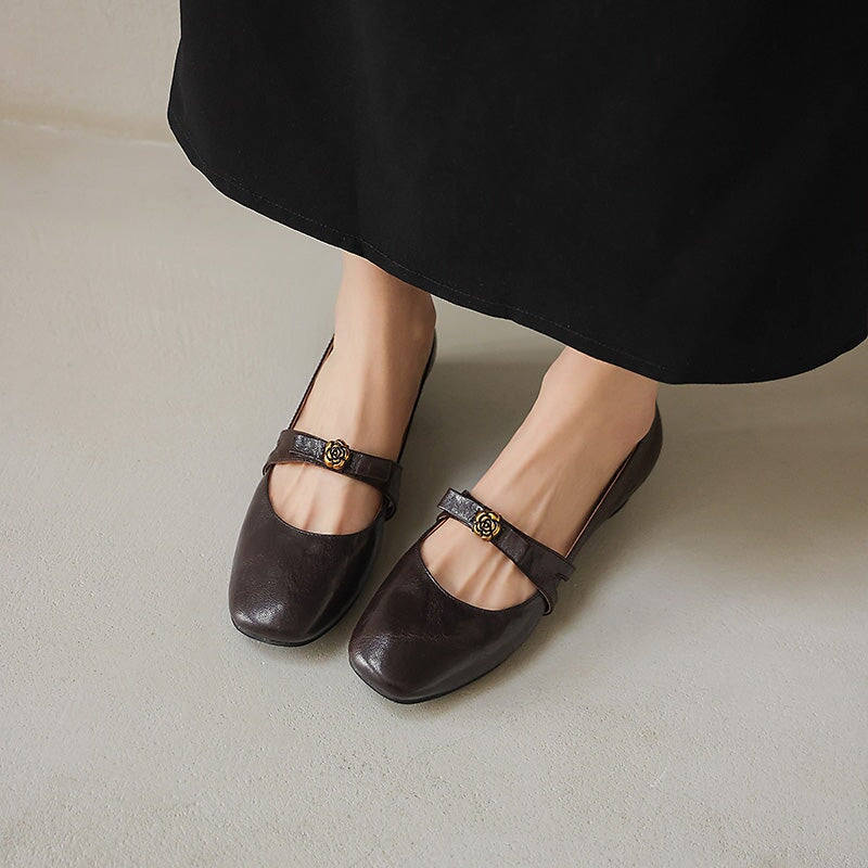 Sheepskin Leather Camellia Mary Jane Flats for Women with Bow Detail in Beige/Brown/Black