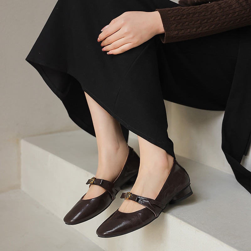 Sheepskin Leather Camellia Mary Jane Flats for Women with Bow Detail in Beige/Brown/Black