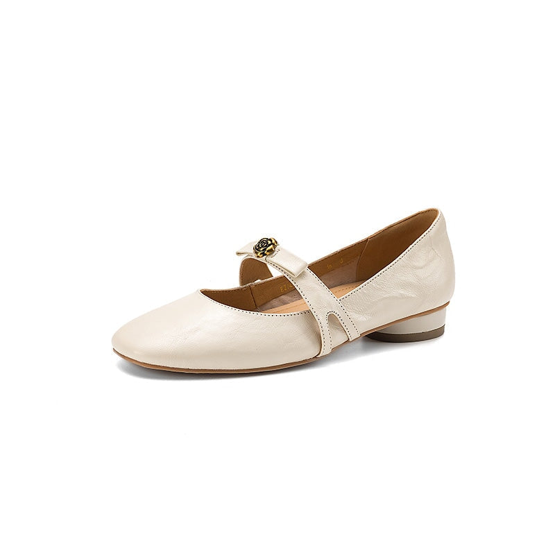 Sheepskin Leather Camellia Mary Jane Flats for Women with Bow Detail in Beige/Brown/Black
