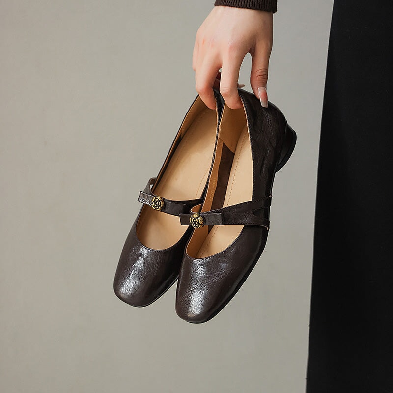 Sheepskin Leather Camellia Mary Jane Flats for Women with Bow Detail in Beige/Brown/Black