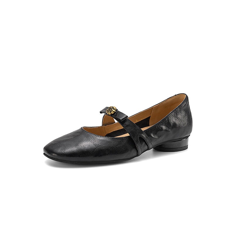 Sheepskin Leather Camellia Mary Jane Flats for Women with Bow Detail in Beige/Brown/Black