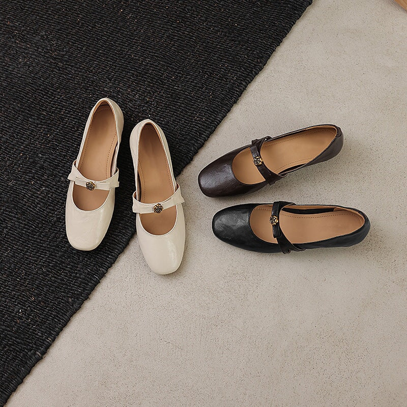 Sheepskin Leather Camellia Mary Jane Flats for Women with Bow Detail in Beige/Brown/Black