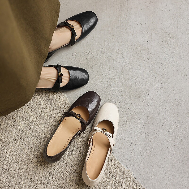 Sheepskin Leather Camellia Mary Jane Flats for Women with Bow Detail in Beige/Brown/Black