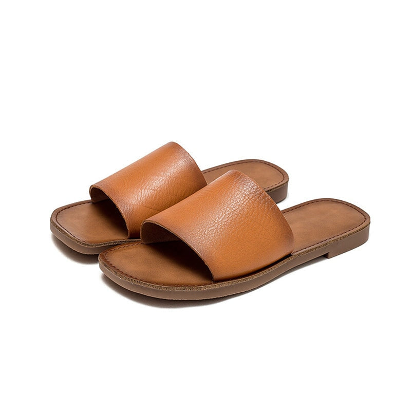 Slip-on Style Leather Slippers for Women Flat in Orange/Green/Beige