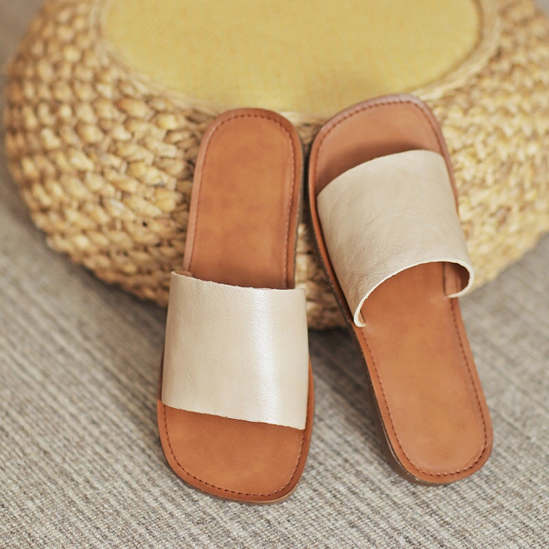 Slip-on Style Leather Slippers for Women Flat in Orange/Green/Beige