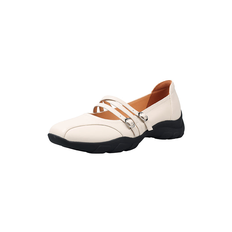 Soft Cow Leather Triple Strap Mary Jane Shoes for Women in Silver/Beige