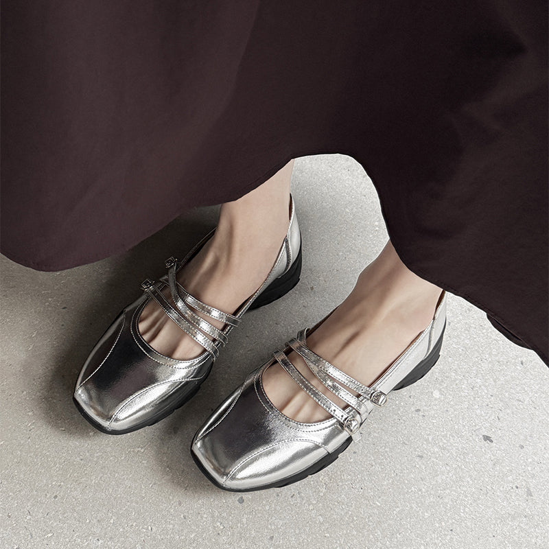 Soft Cow Leather Triple Strap Mary Jane Shoes for Women in Silver/Beige