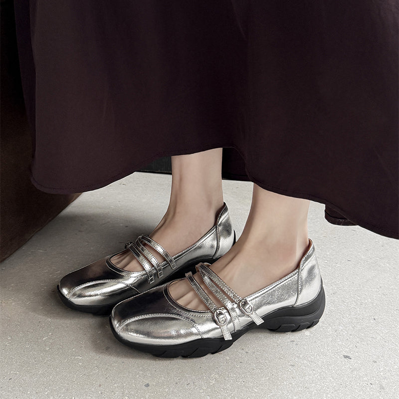 Soft Cow Leather Triple Strap Mary Jane Shoes for Women in Silver/Beige