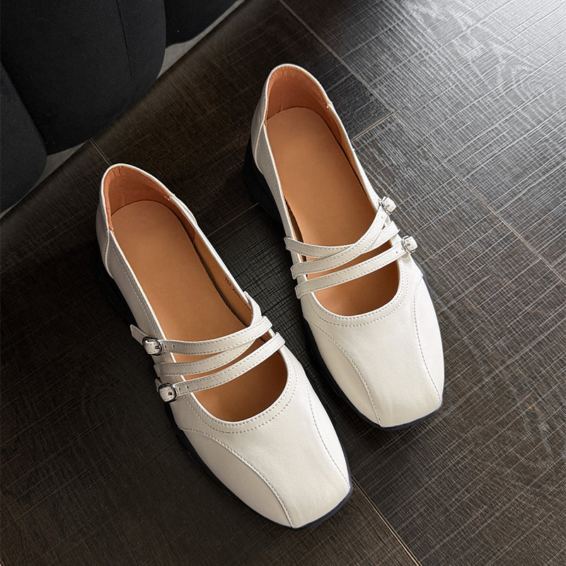 Soft Cow Leather Triple Strap Mary Jane Shoes for Women in Silver/Beige