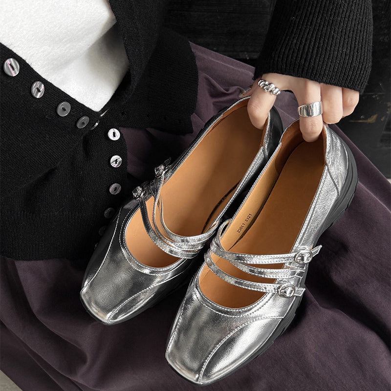 Soft Cow Leather Triple Strap Mary Jane Shoes for Women in Silver/Beige