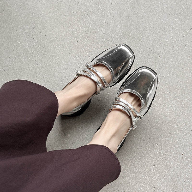 Soft Cow Leather Triple Strap Mary Jane Shoes for Women in Silver/Beige